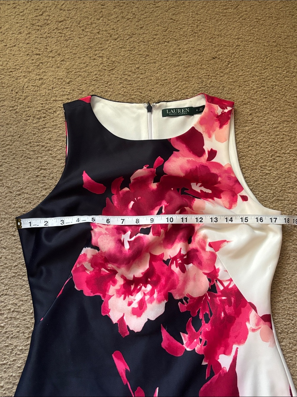 Lauren Ralph Lauren Sleeveless Navy Blue & White Dress w/ Pink Florals Size 8 - Picture 6 of 8